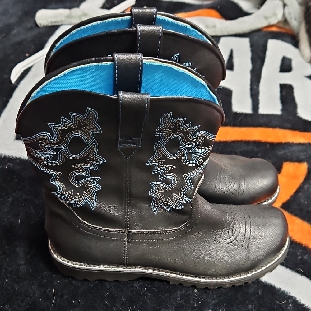 Black Cowboy Boots with Blue Embroidery